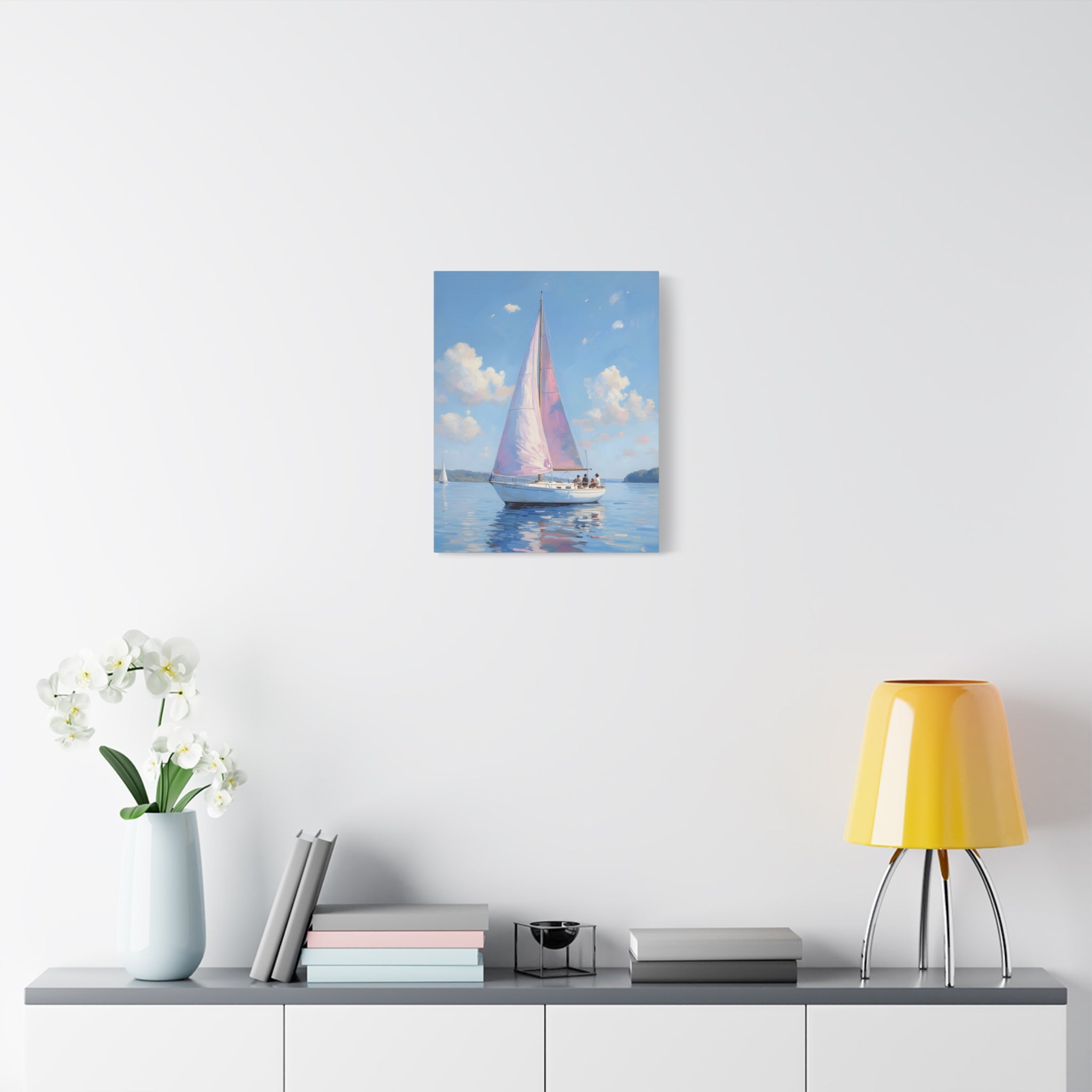 Zeilboot op kalm water met roze accenten - Muurdecoratie - Gespannen canvas 