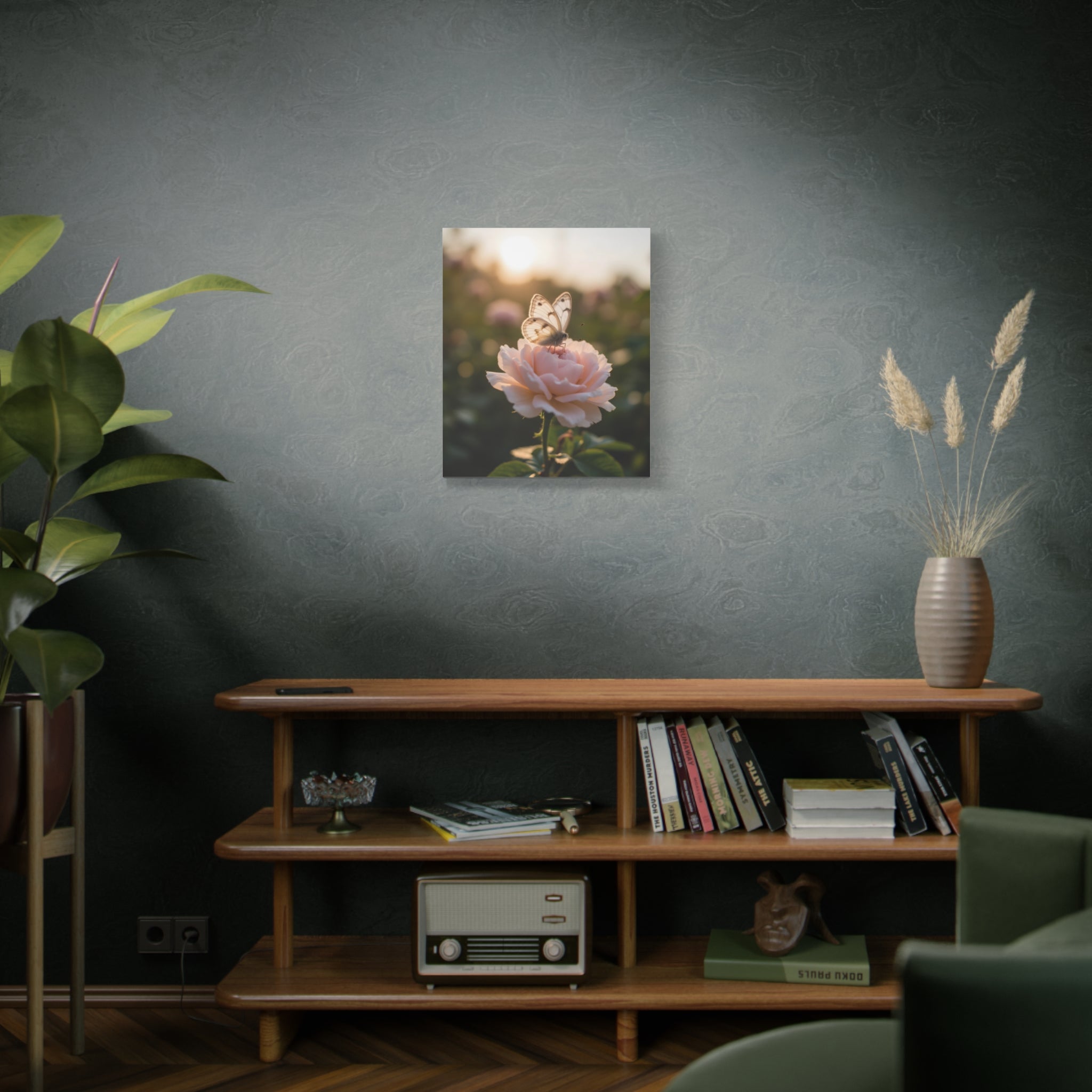 Butterfly on Pink Rose Wall Art - Stretched Canvas