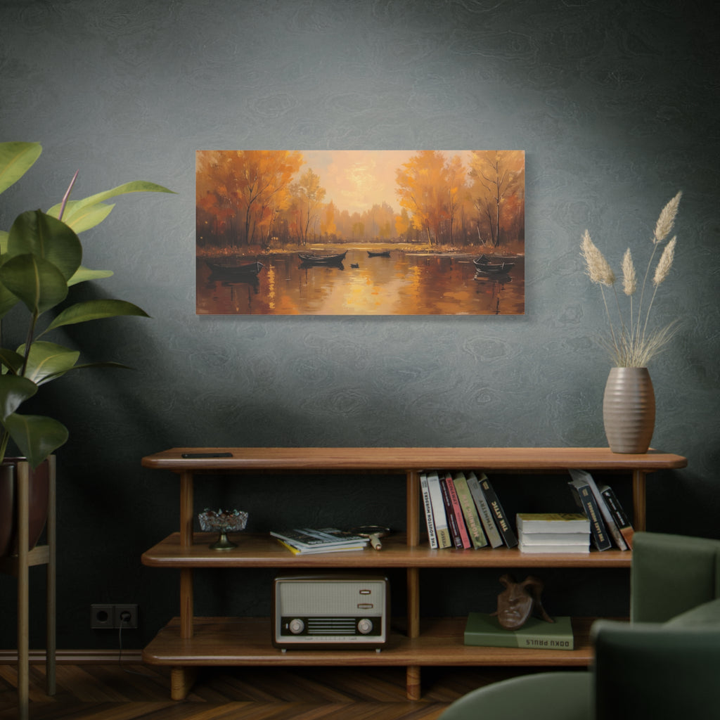 Autumn at the lake with rowboats Wall Art - Stretched Canvas