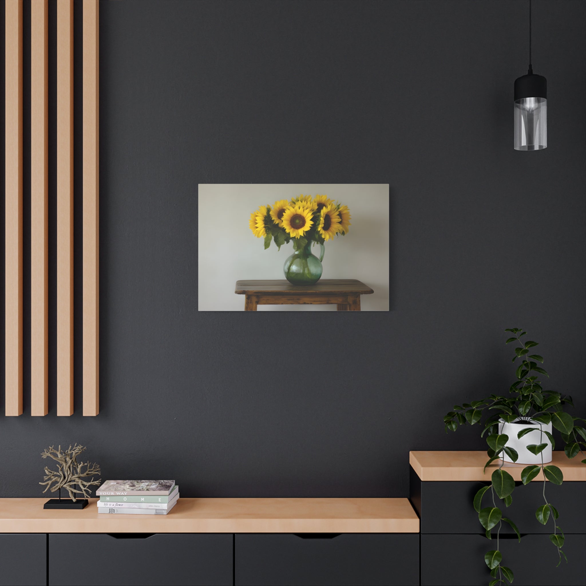 Zonnebloemen in een groene kruik als wanddecoratie - Gespannen canvas 