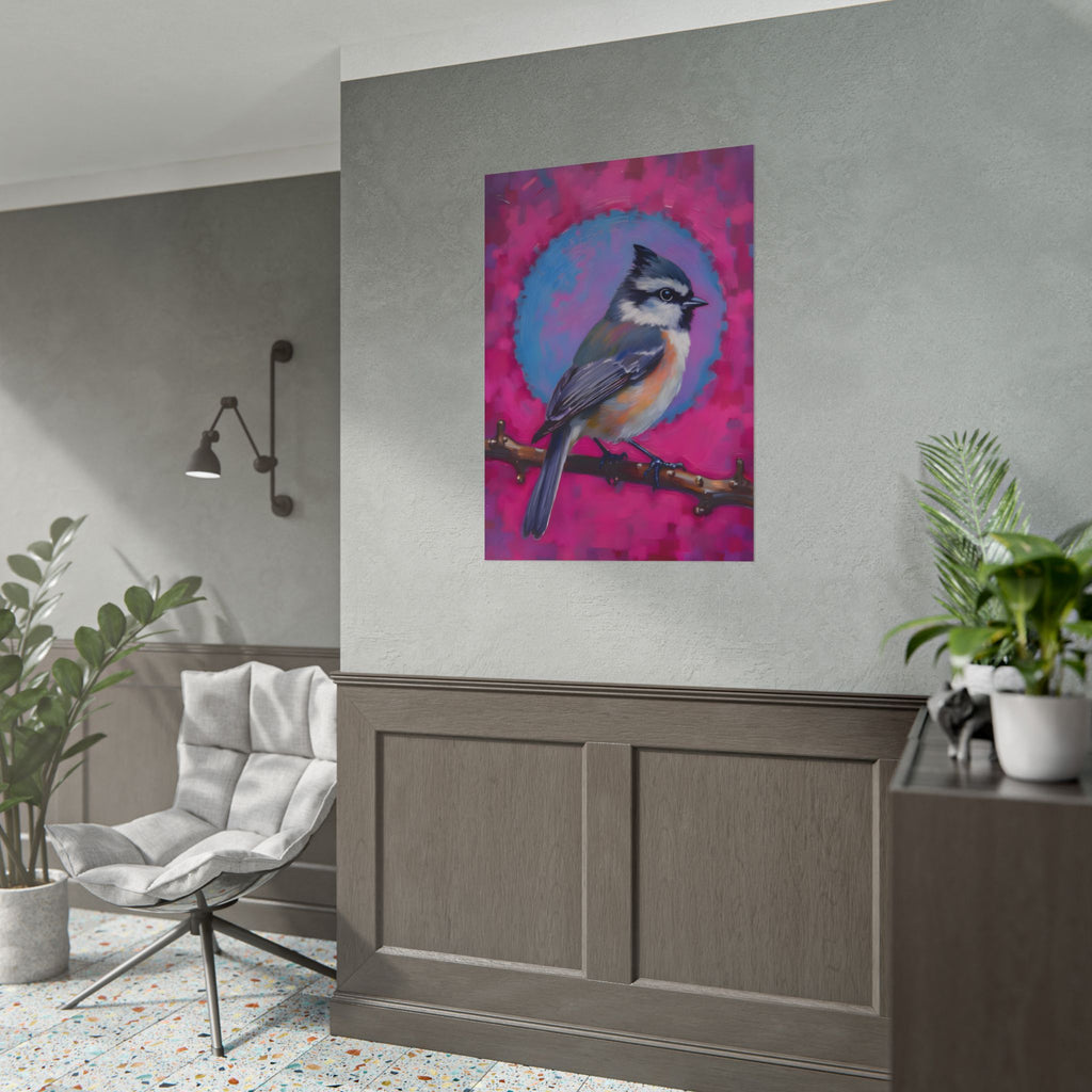 Kleurrijke Zangvogel Poster — Blauwe Gaai Kunstprint op Levendige Roze Achtergrond