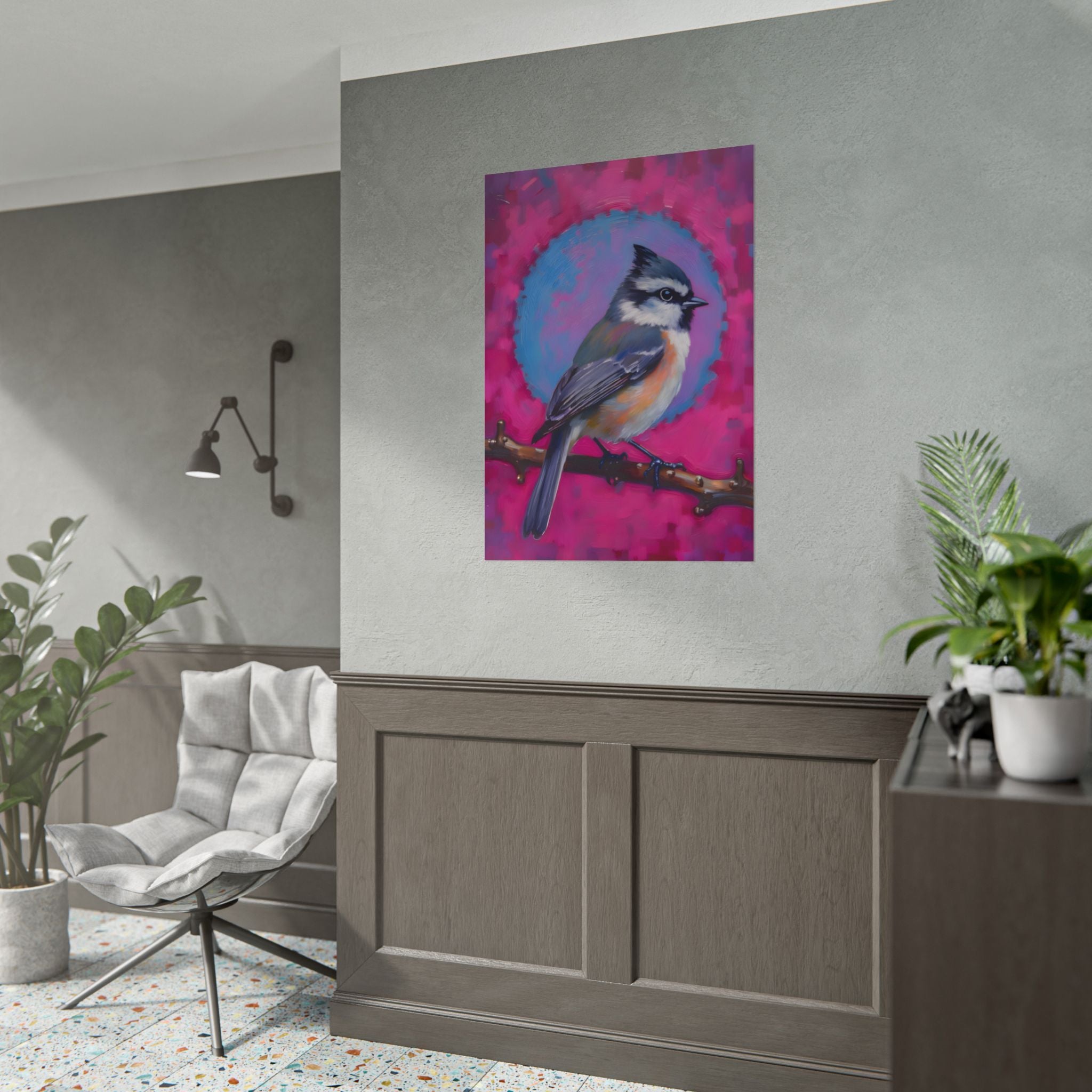 Kleurrijke Zangvogel Poster — Blauwe Gaai Kunstprint op Levendige Roze Achtergrond