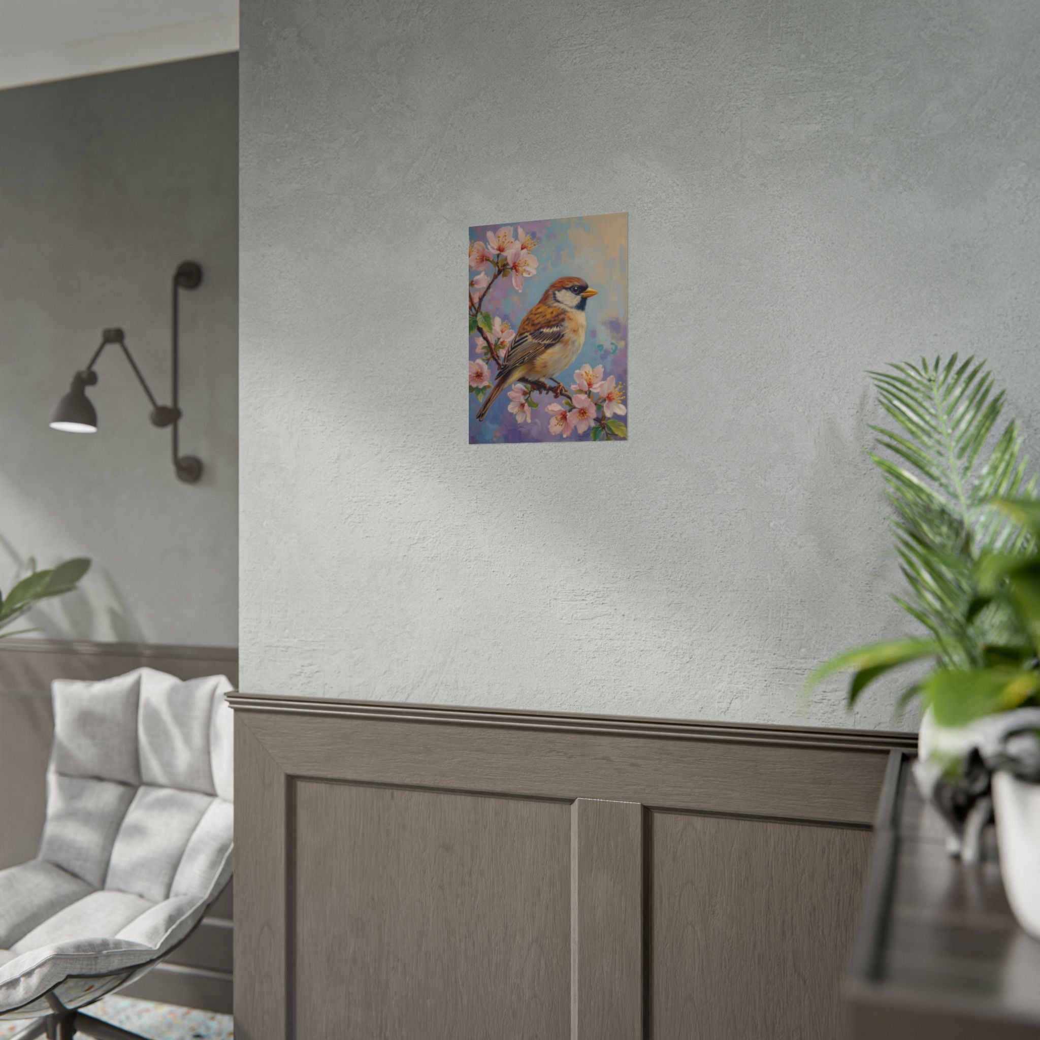 Bird on Blossom Rolled Poster — Spring Sparrow on Branch Wall Art Print