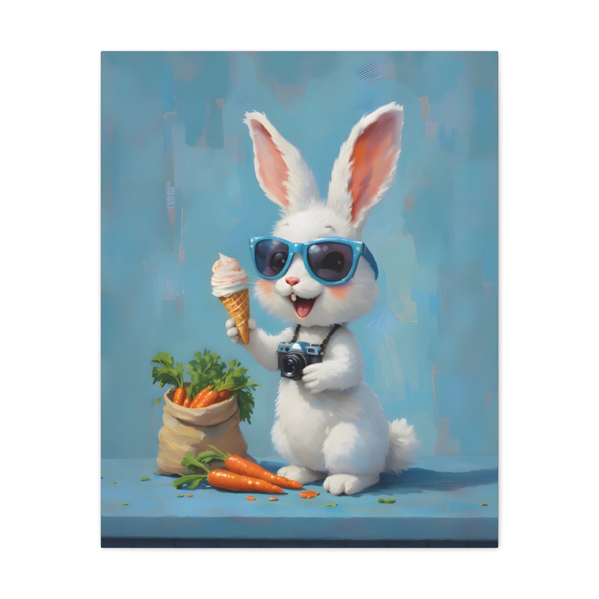 Blue Bunny Canvas Print — Cute Rabbit with Sunglasses & Ice Cream Matte Wall Art