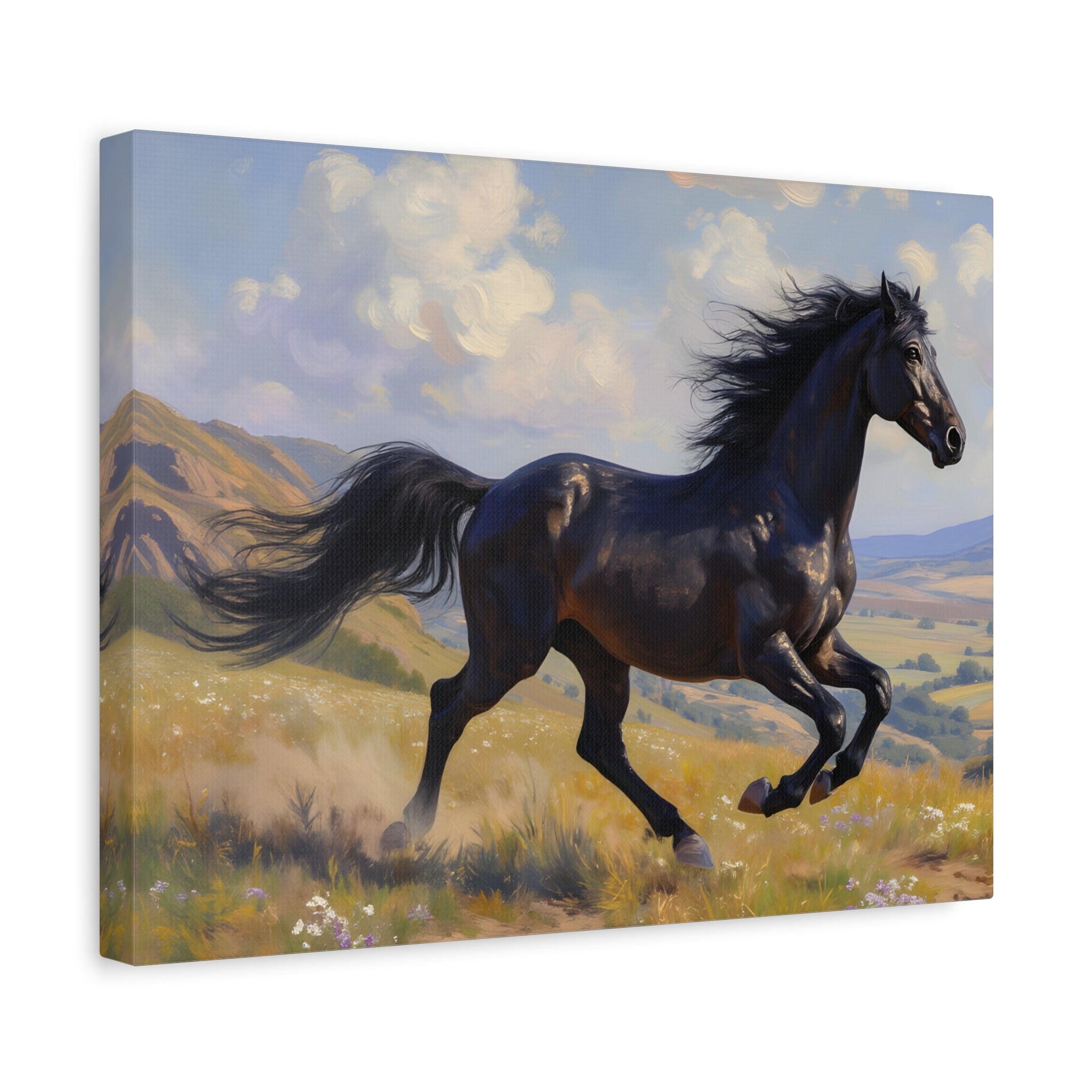 Muurdecoratie met een rennende zwarte hengst - Paardenschilderij - Gespannen canvas 