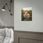 Muurposter met vlinder op roze roos 