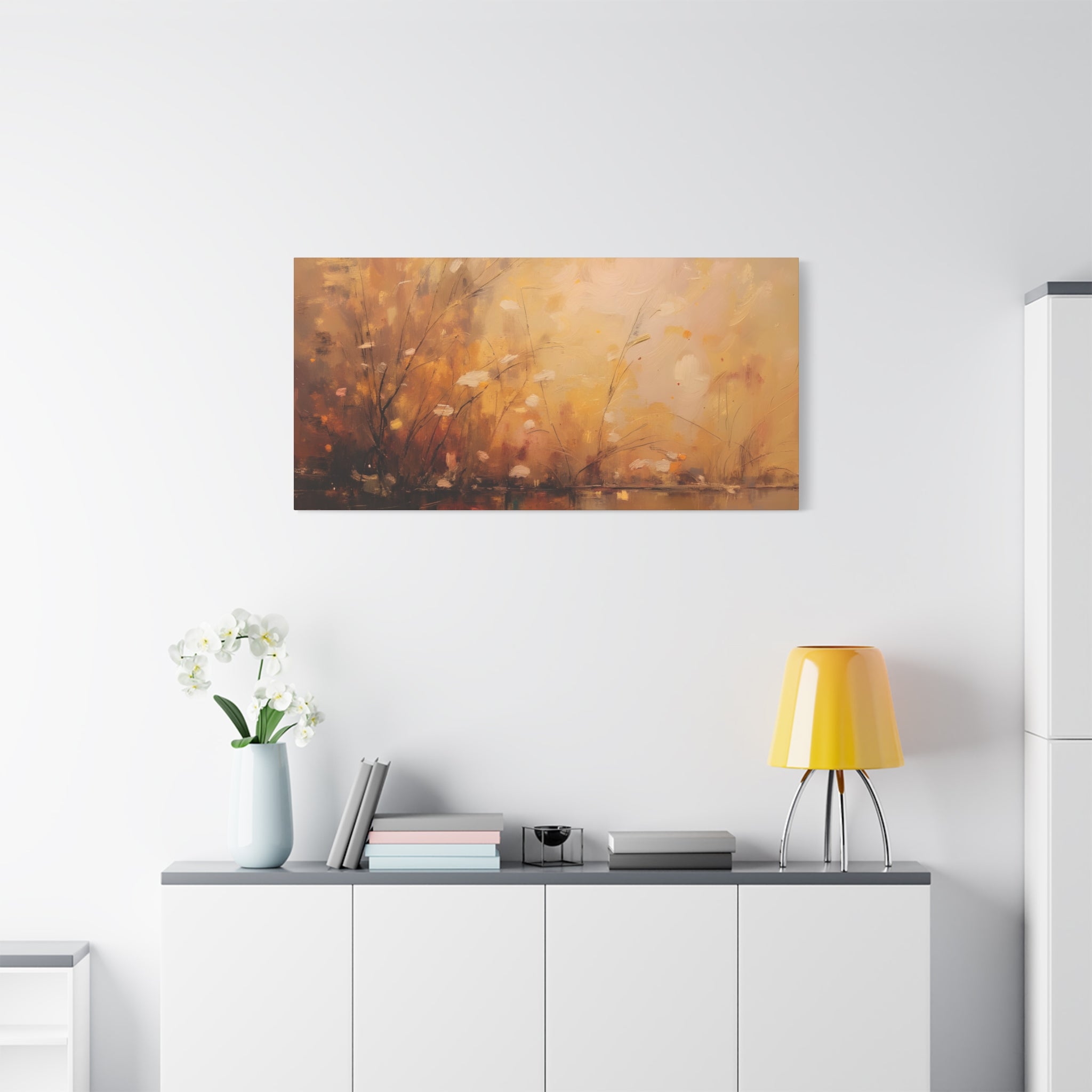 Abstracte muurdecoratie met gouden weidemotief - opgespannen canvas 