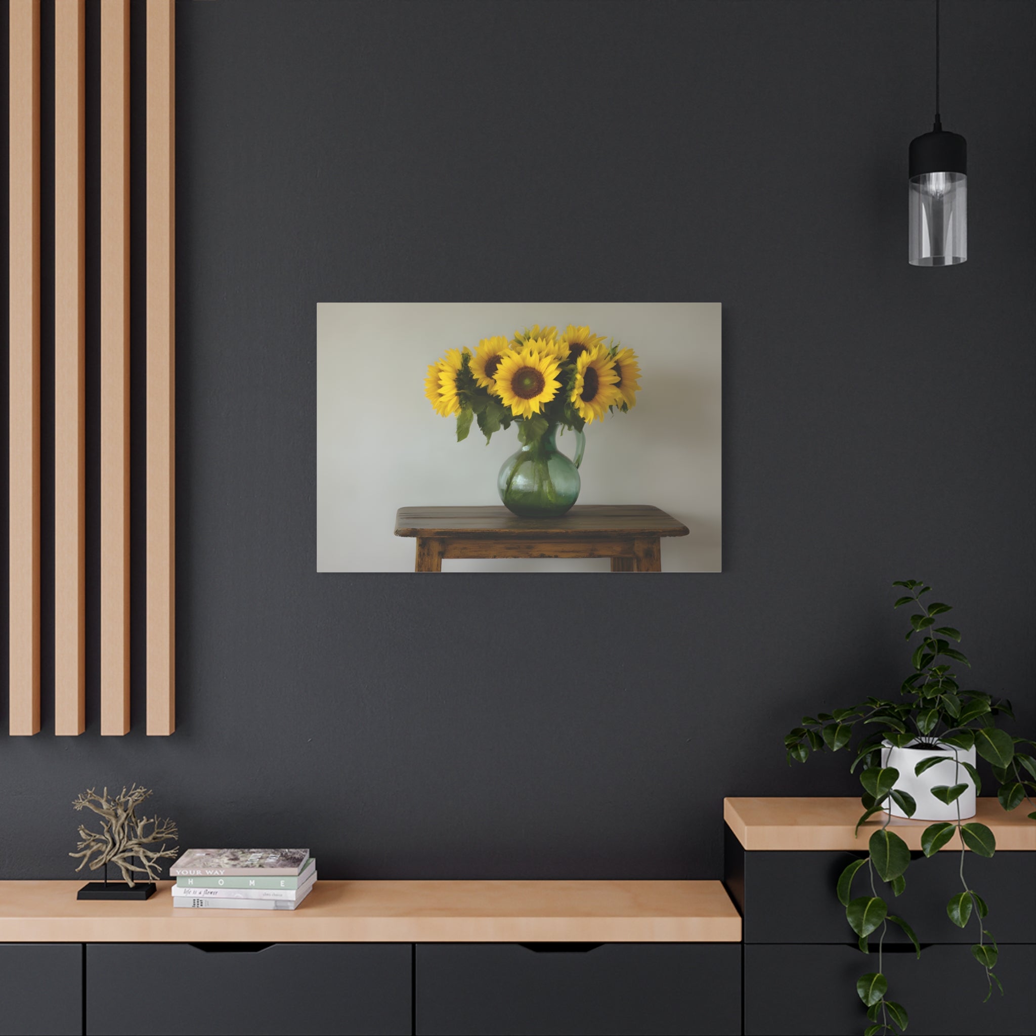 Zonnebloemen in een groene kruik als wanddecoratie - Gespannen canvas 