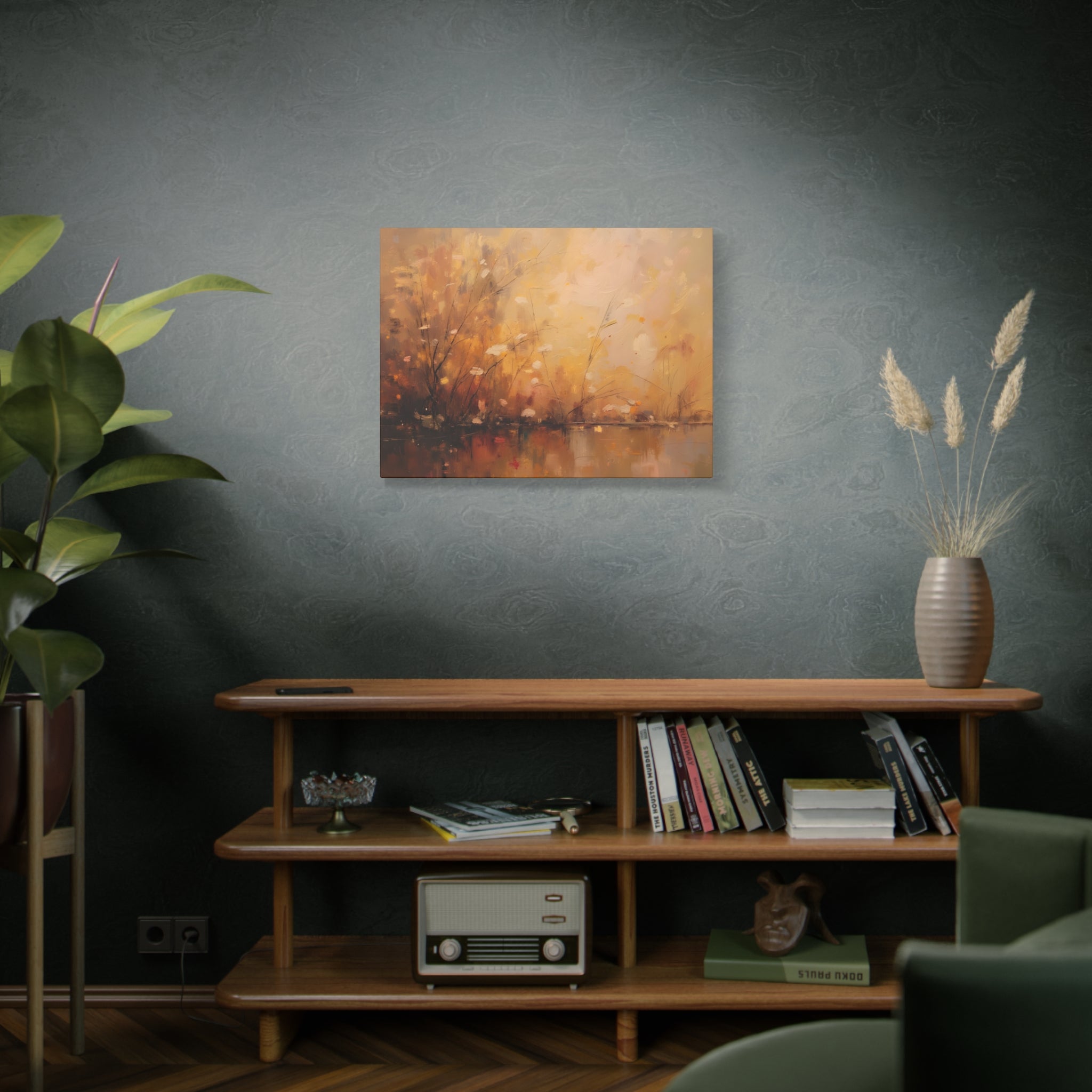 Abstracte muurdecoratie met gouden weidemotief - opgespannen canvas 