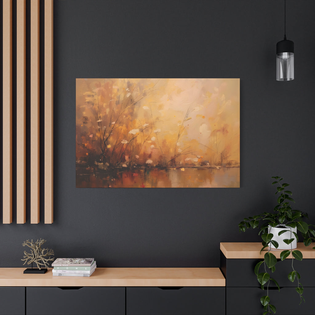 Abstracte muurdecoratie met gouden weidemotief - opgespannen canvas 