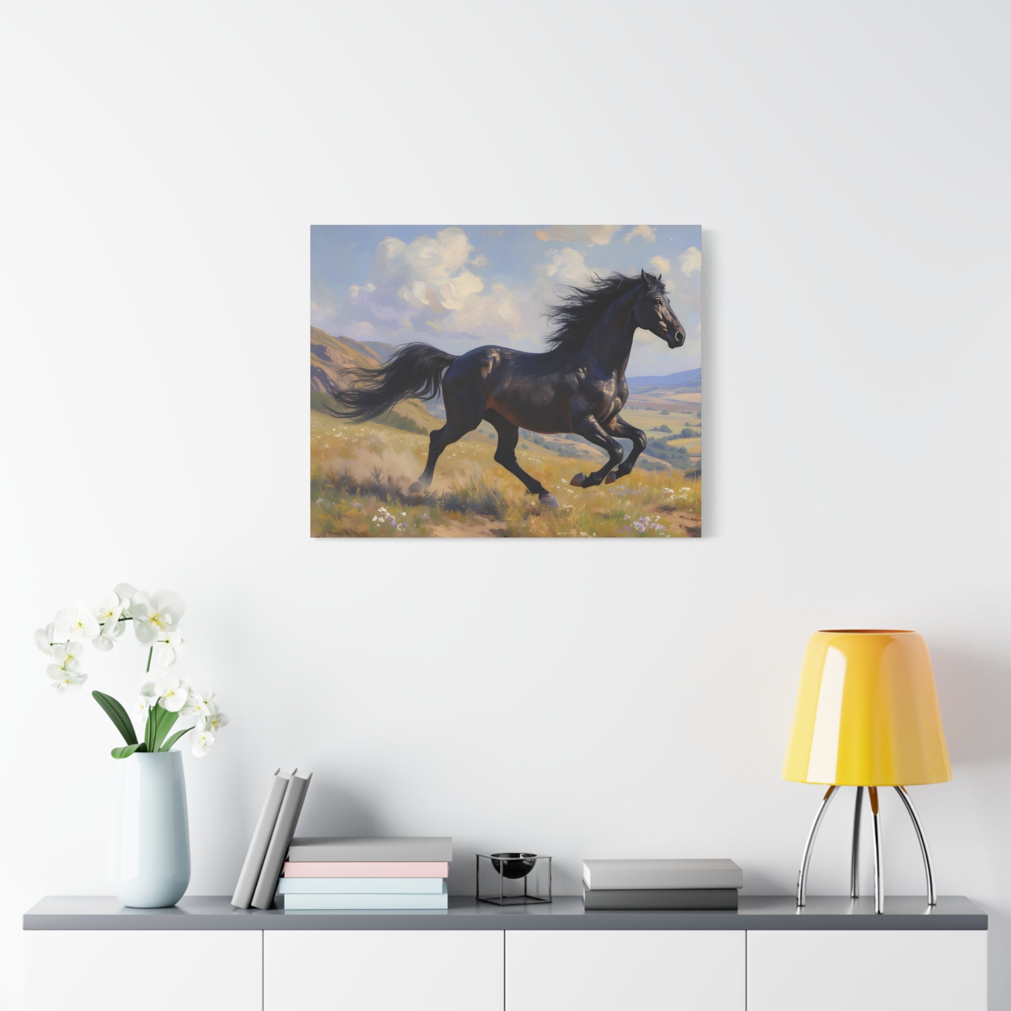 Muurdecoratie met een rennende zwarte hengst - Paardenschilderij - Gespannen canvas 