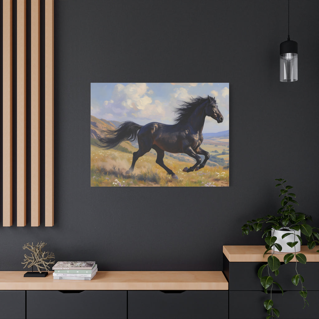 Muurdecoratie met een rennende zwarte hengst - Paardenschilderij - Gespannen canvas 