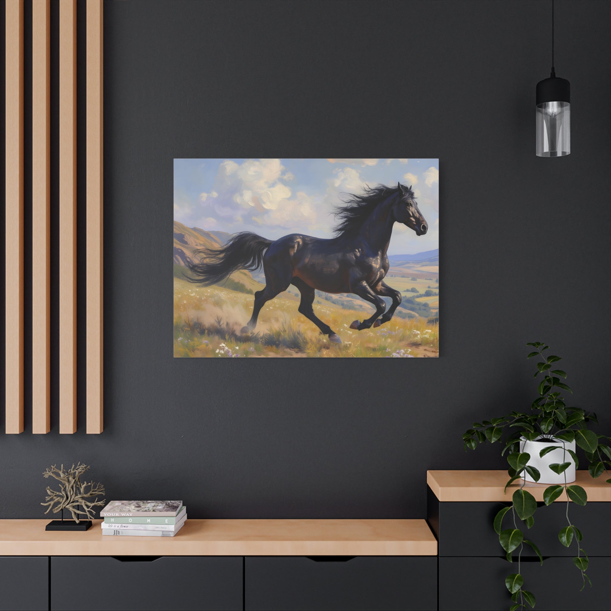 Muurdecoratie met een rennende zwarte hengst - Paardenschilderij - Gespannen canvas 