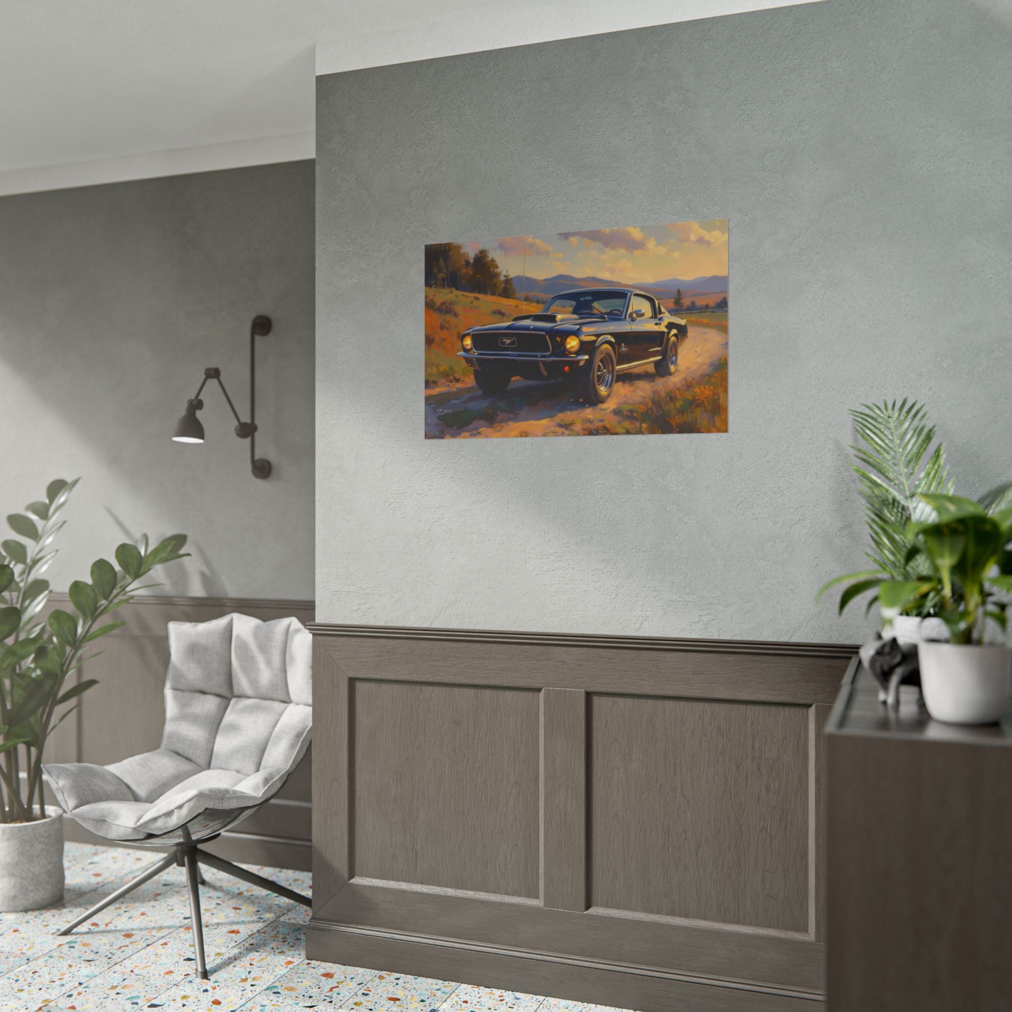 Vintage Mustang Sonnenuntergang Wandbild – Klassisches Muscle-Car – Poster 