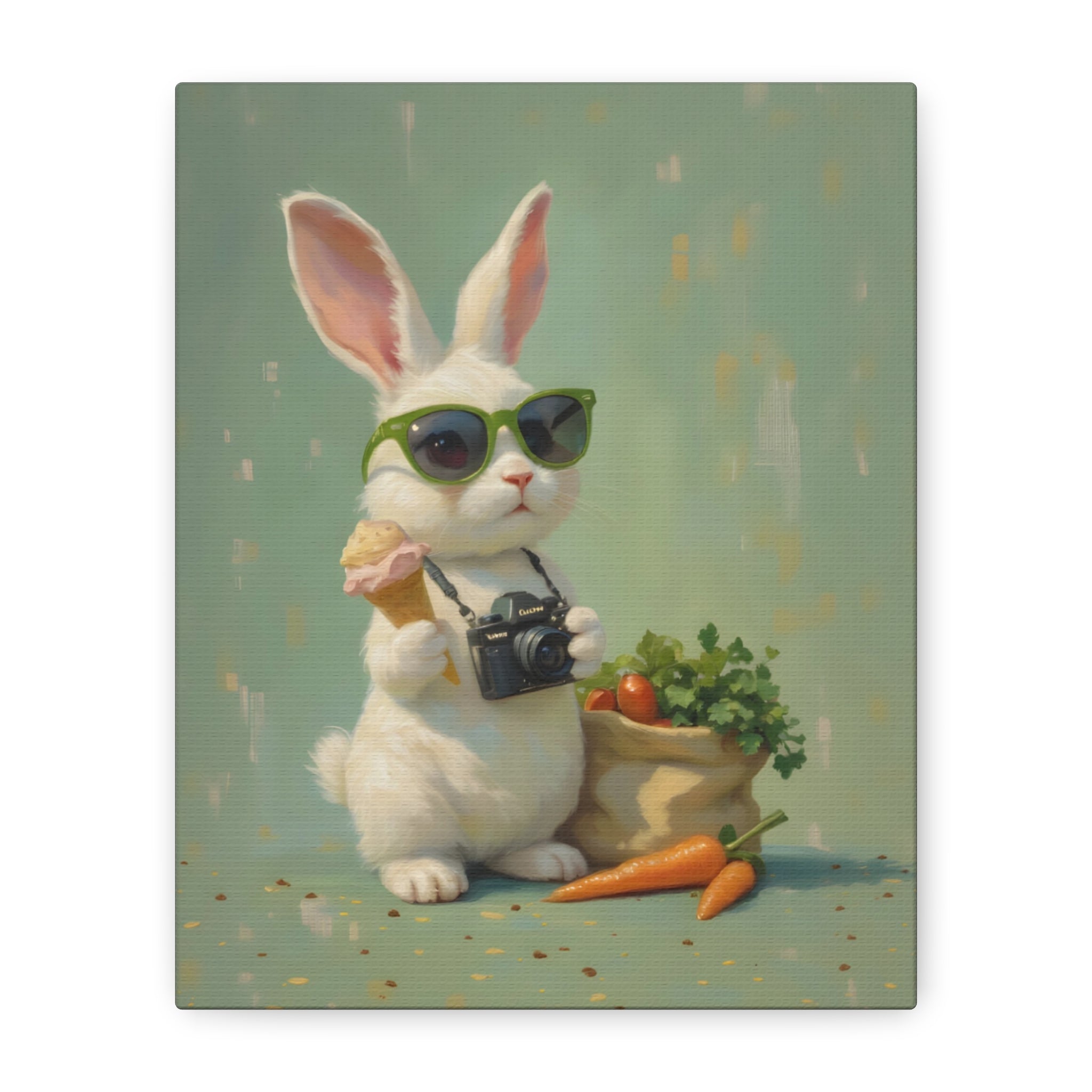 Green Bunny Canvas Wall Art — Photographer Bunny with Carrots & Ice Cream