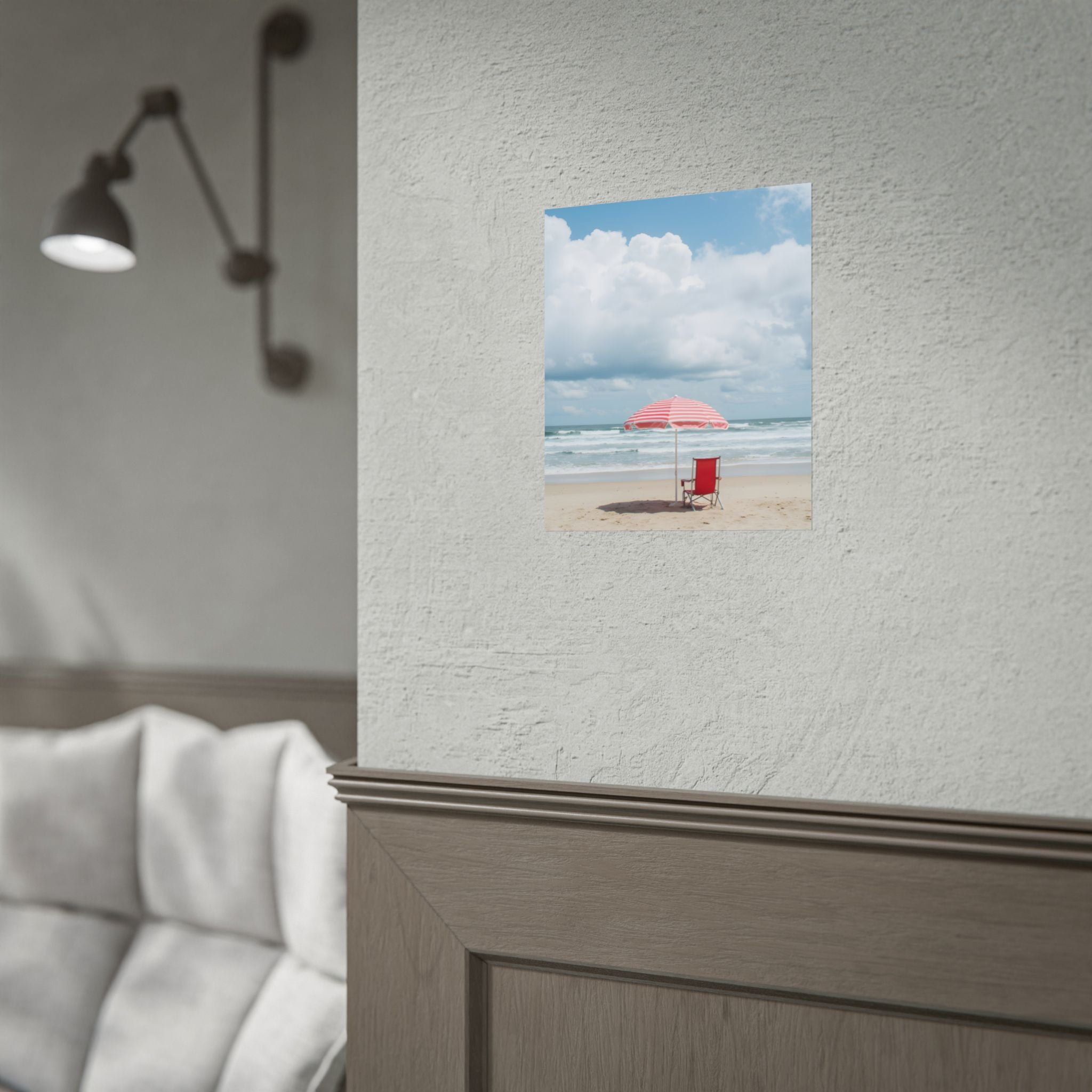 Sun-drenched beach memory with beach chair and umbrella - Poster
