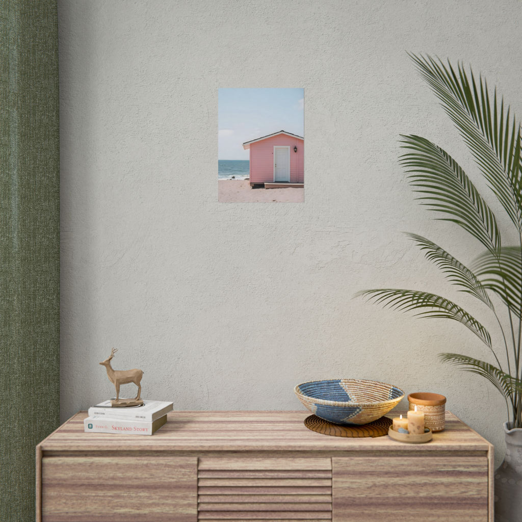 Roze strandhuisje als muurdecoratie - Poster 