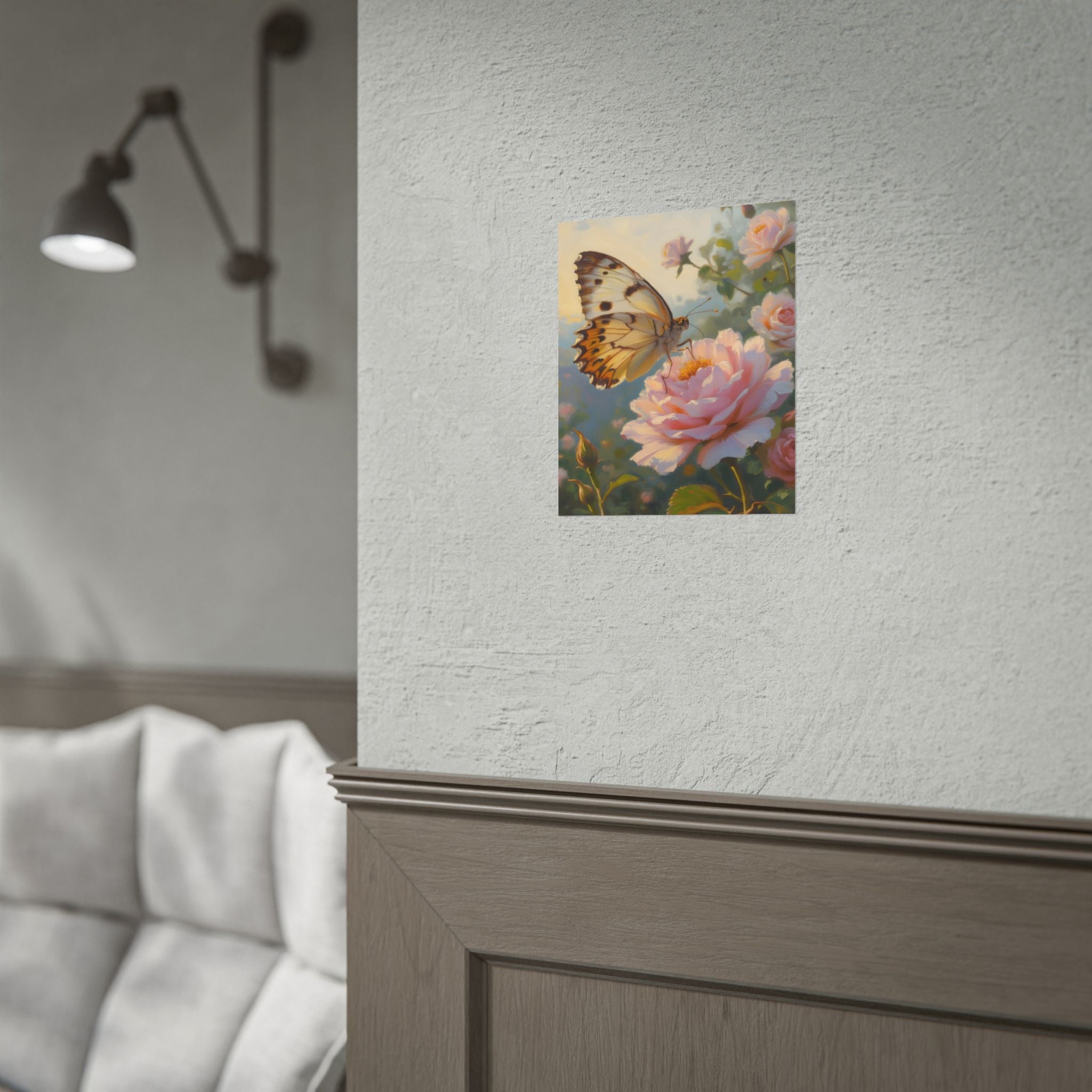 Wandbild mit Schmetterling auf rosa Rose - Poster 