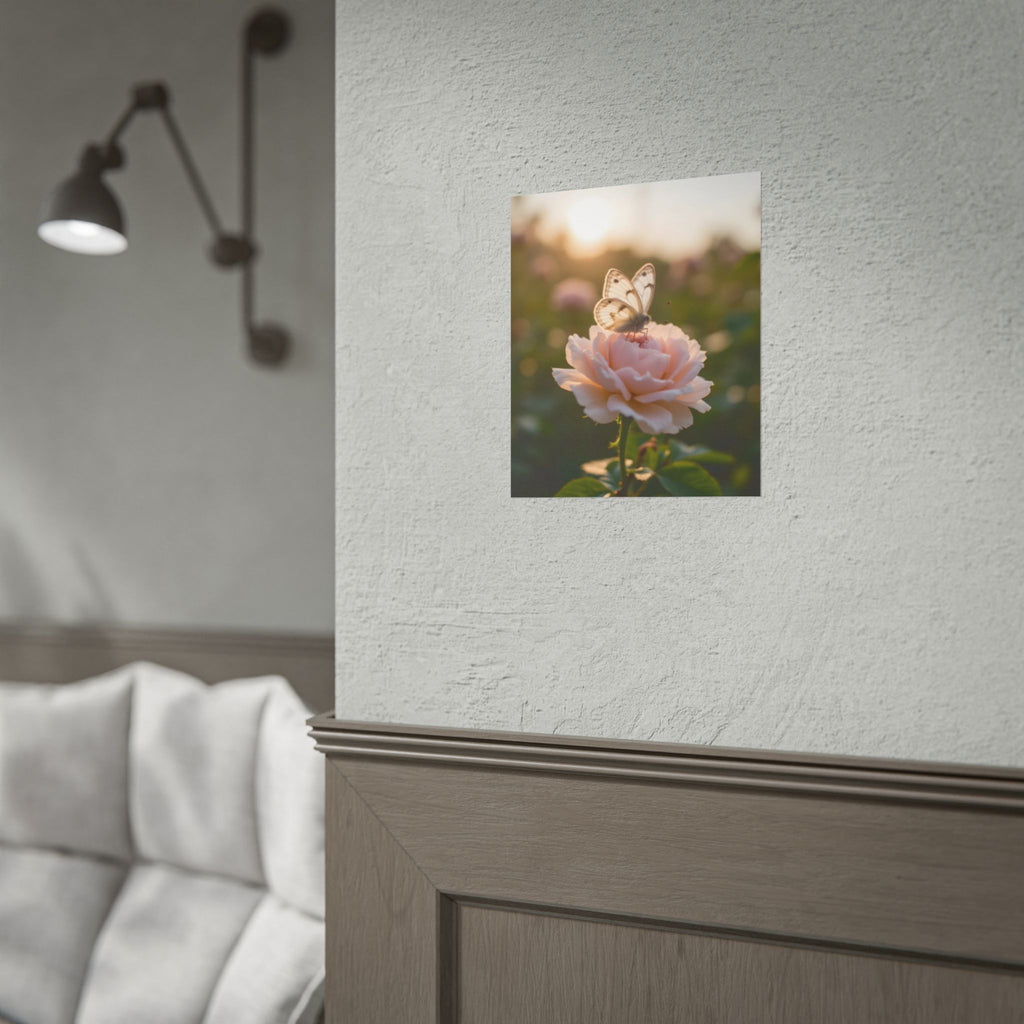 Muurposter met vlinder op roze roos 