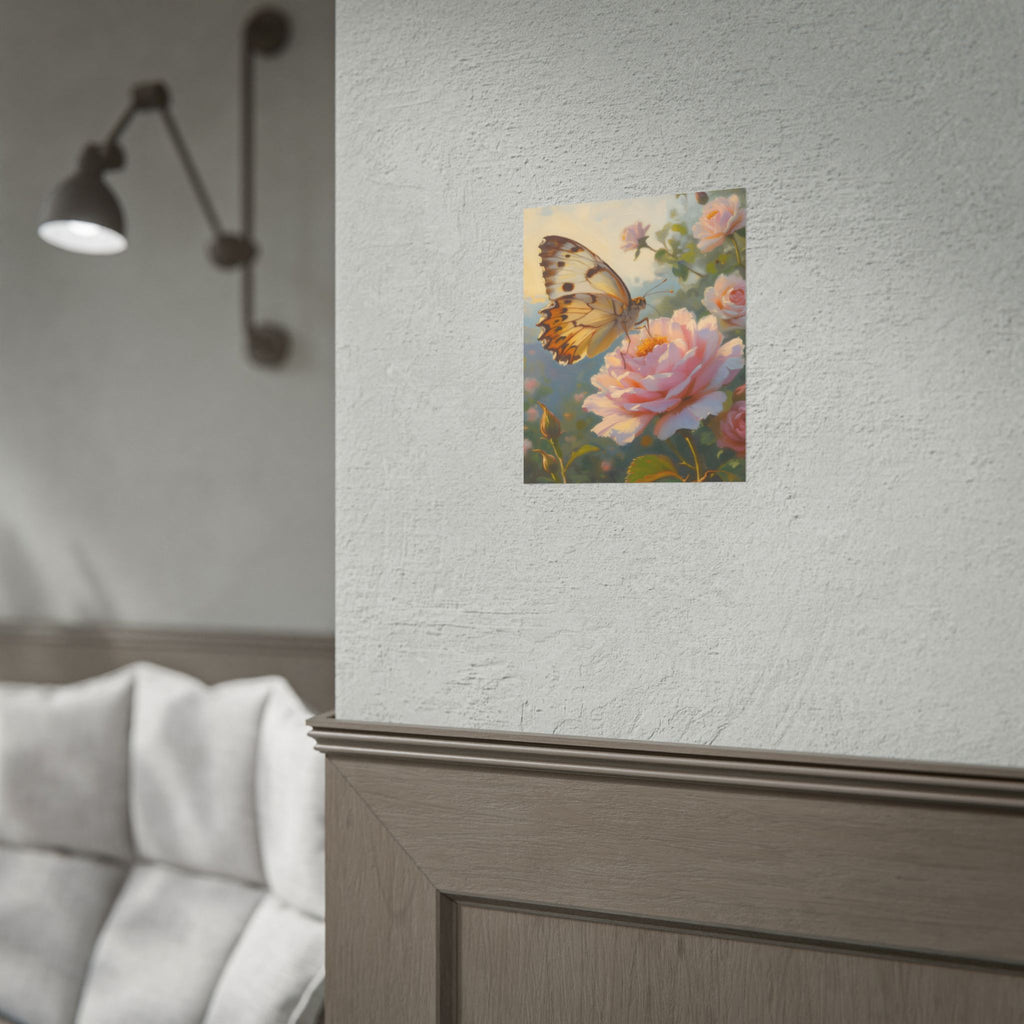 Wandbild mit Schmetterling auf rosa Rose - Poster 
