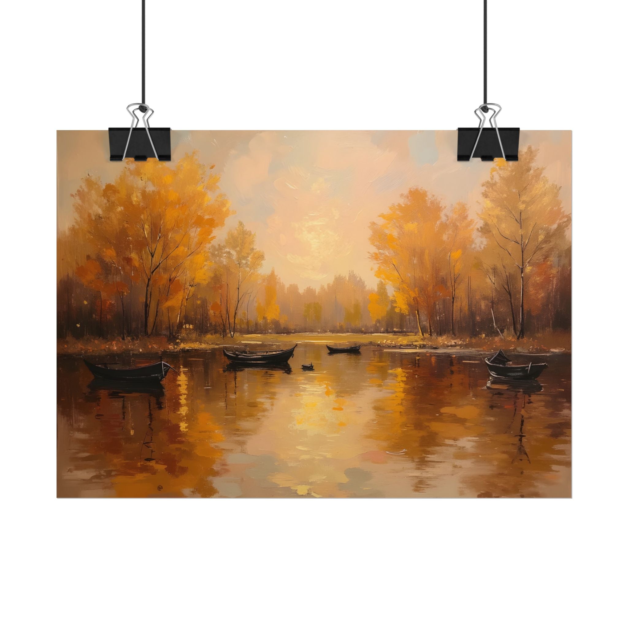 Autumn at the lake with rowboats - Poster