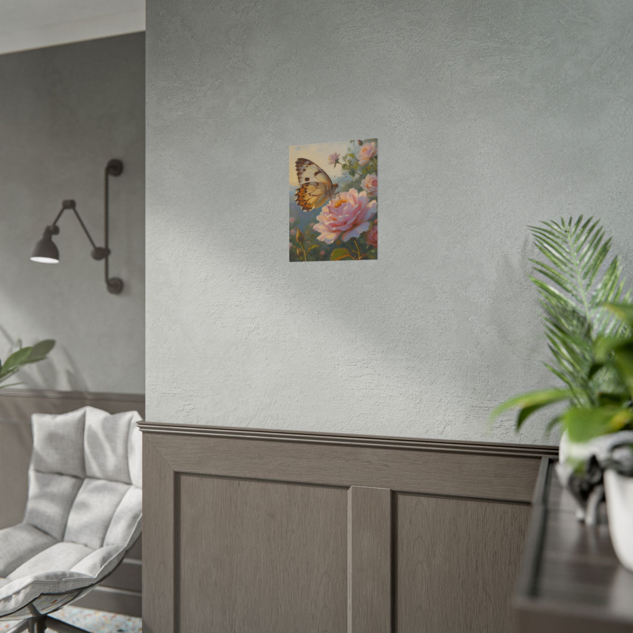 Wandbild mit Schmetterling auf rosa Rose - Poster 