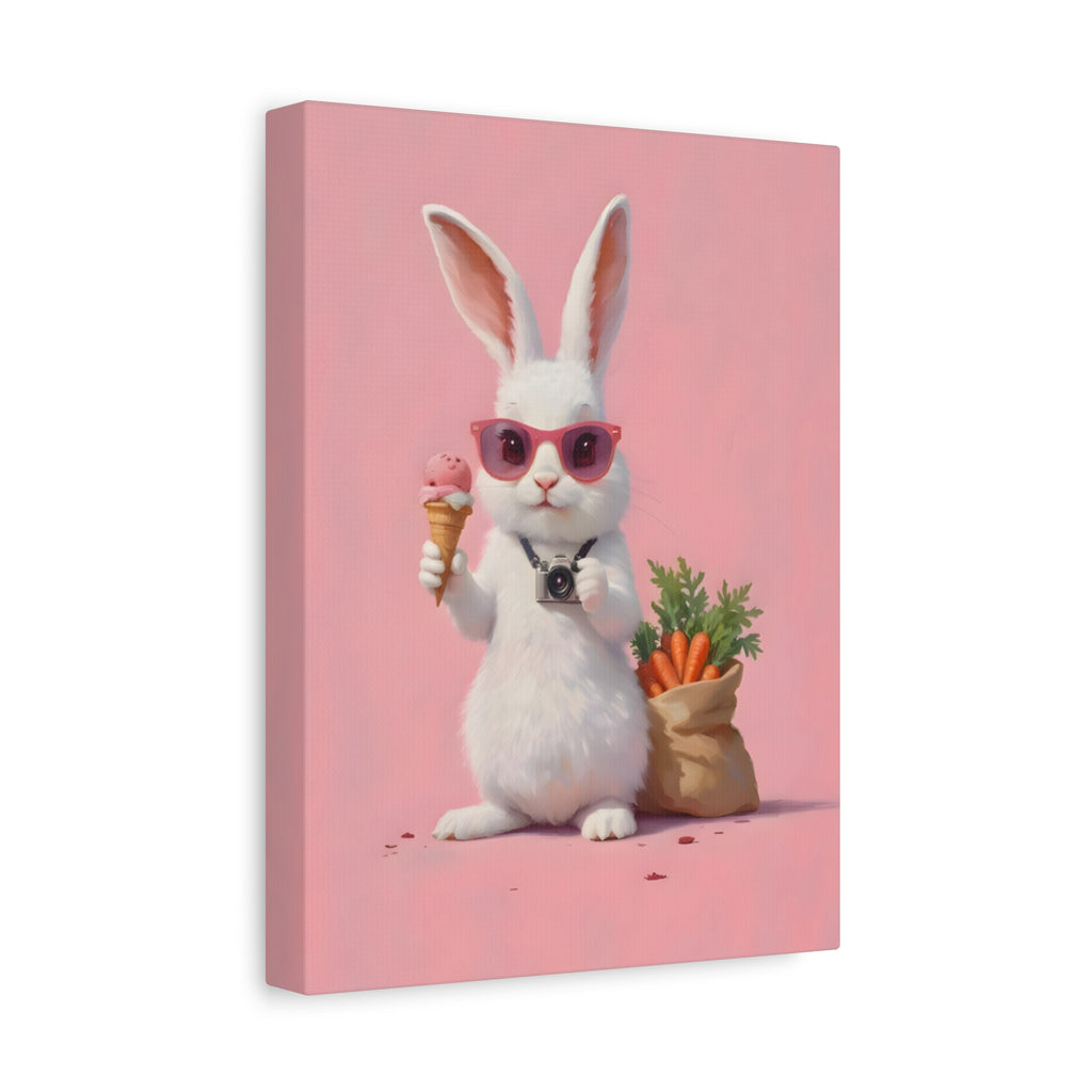 Pink Cute Bunny Canvas Wall Art — Cool Rabbit with Sunglasses, Ice Cream & Carrots (Matte Stretched)
