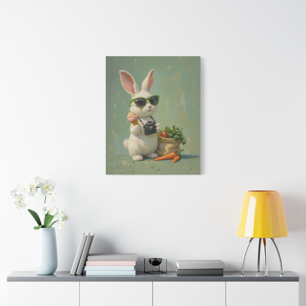 Green Bunny Canvas Wall Art — Photographer Bunny with Carrots & Ice Cream