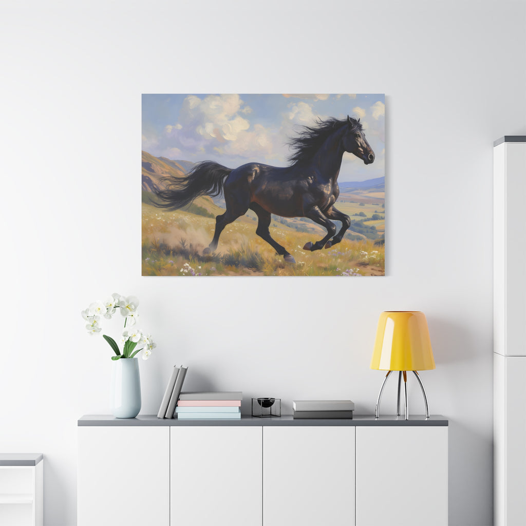 Muurdecoratie met een rennende zwarte hengst - Paardenschilderij - Gespannen canvas 