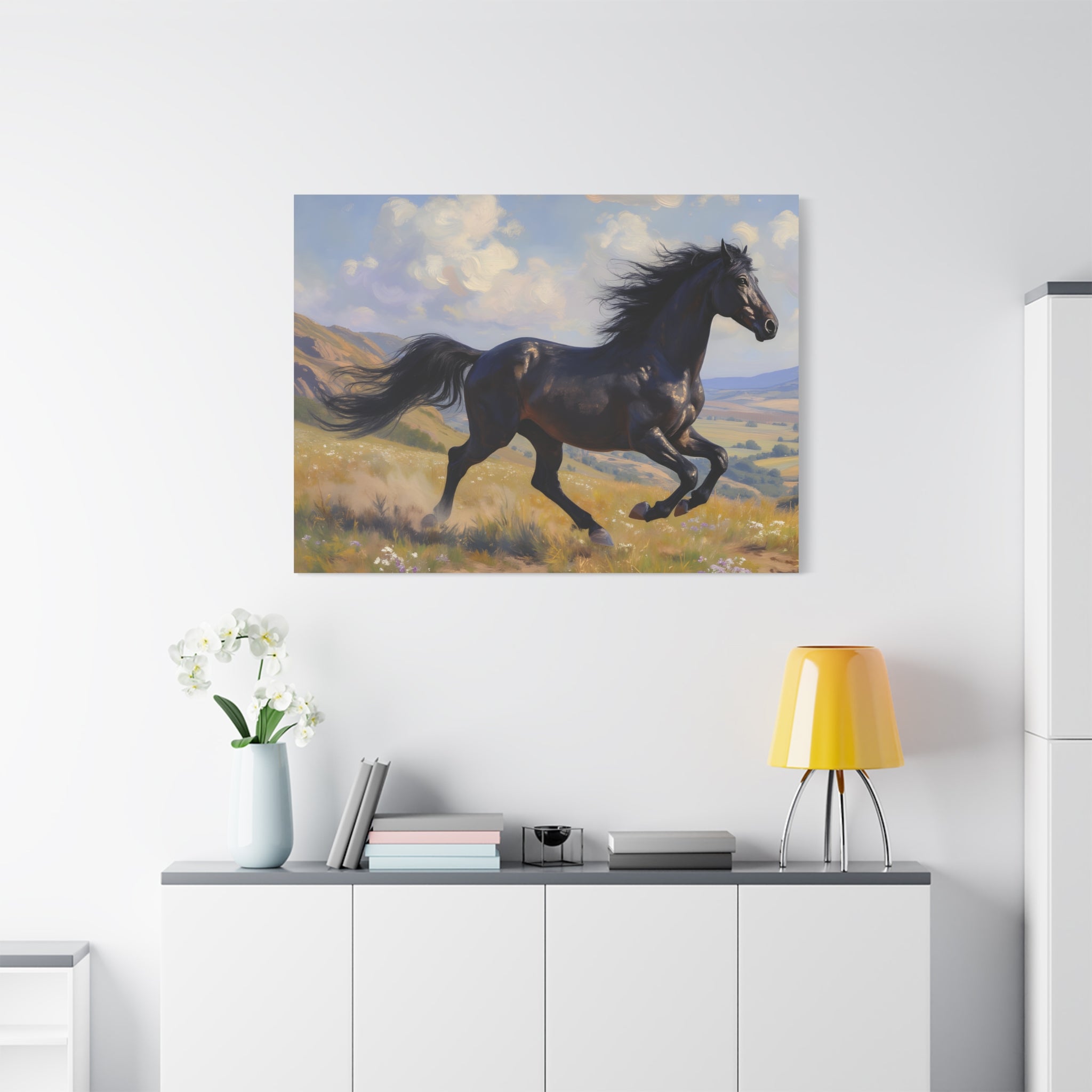 Muurdecoratie met een rennende zwarte hengst - Paardenschilderij - Gespannen canvas 