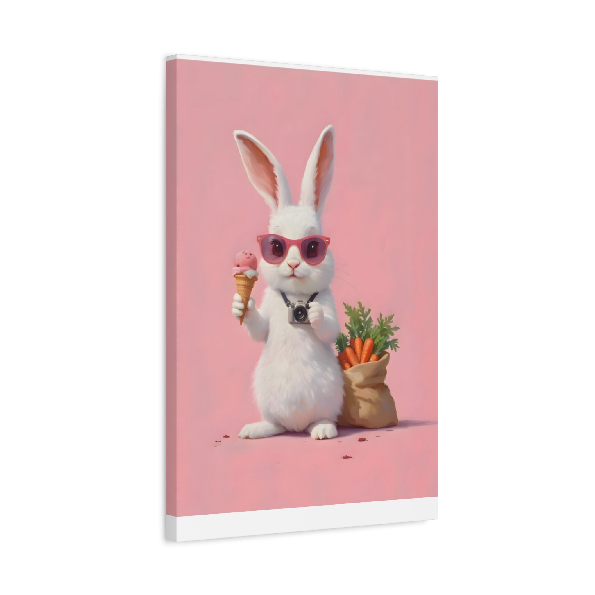 Pink Cute Bunny Canvas Wall Art — Cool Rabbit with Sunglasses, Ice Cream & Carrots (Matte Stretched)