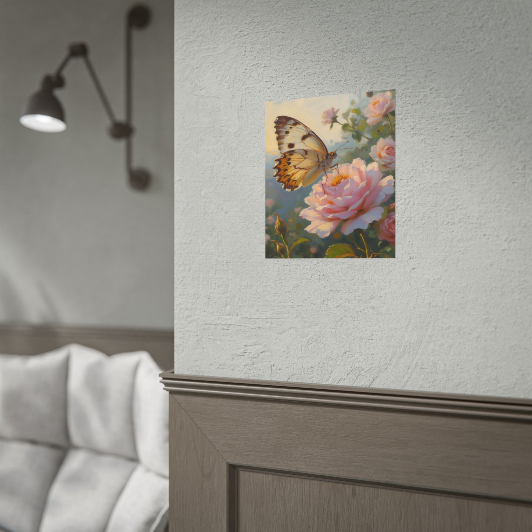 Wandbild mit Schmetterling auf rosa Rose - Poster 