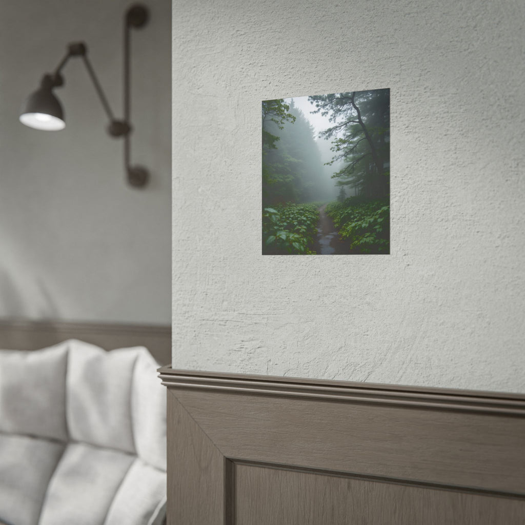 Muurdecoratie met een mistig bospad - Poster 