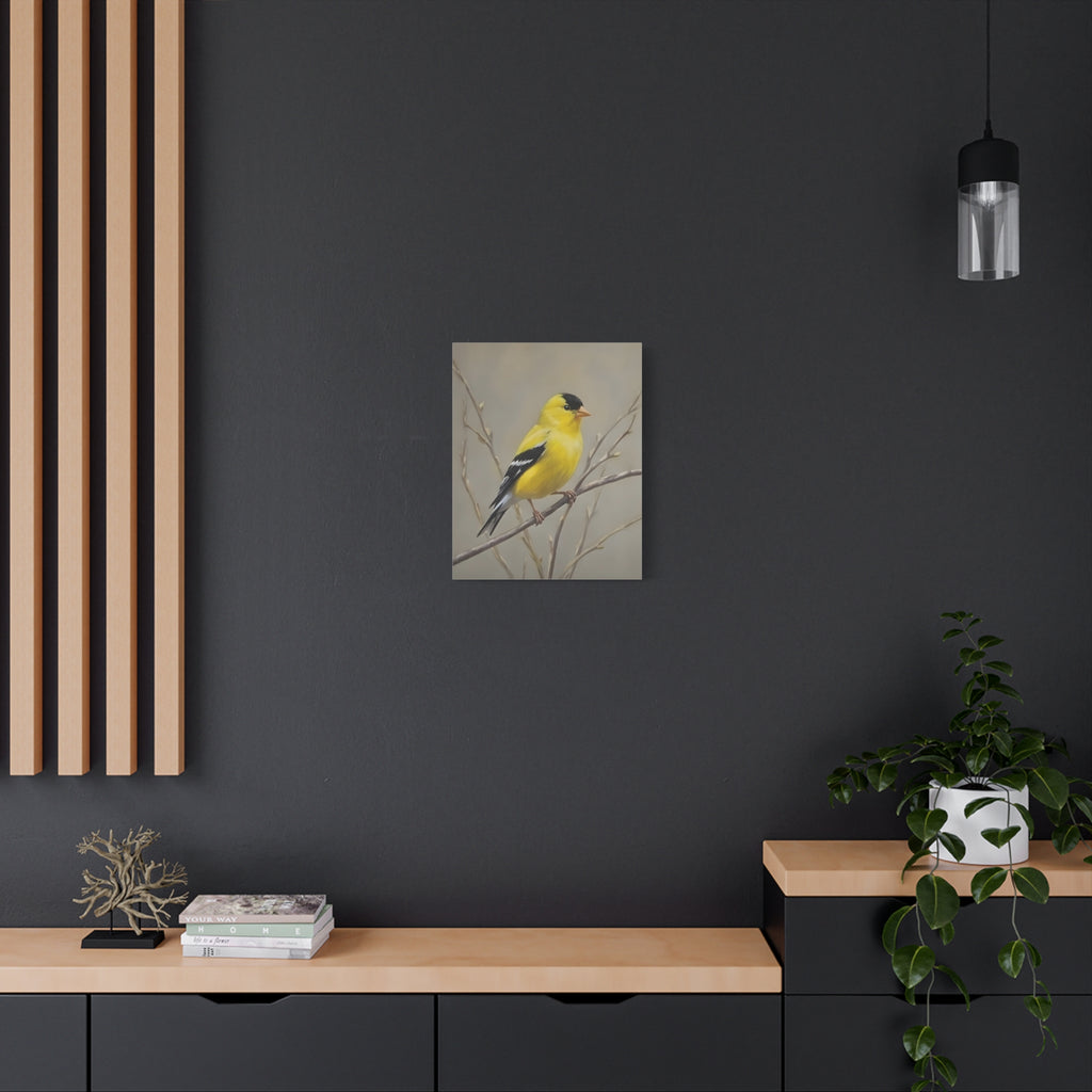 Goldfinch Wall Art Canvas — Yellow Songbird Painting on Branch, Matte Stretched Canvas