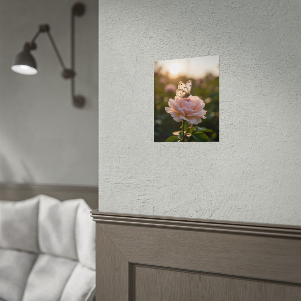 Muurposter met vlinder op roze roos 