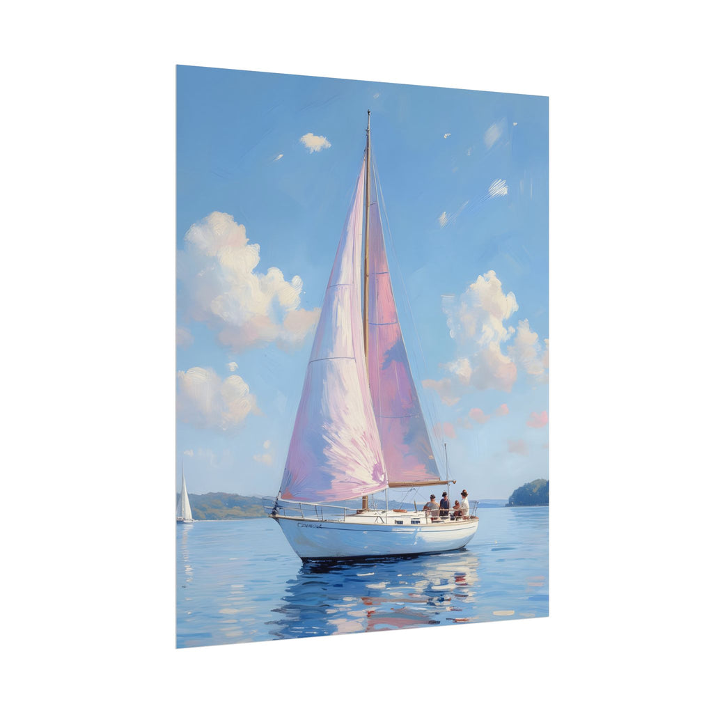 Zeilboot op kalm water met roze accenten - Poster 