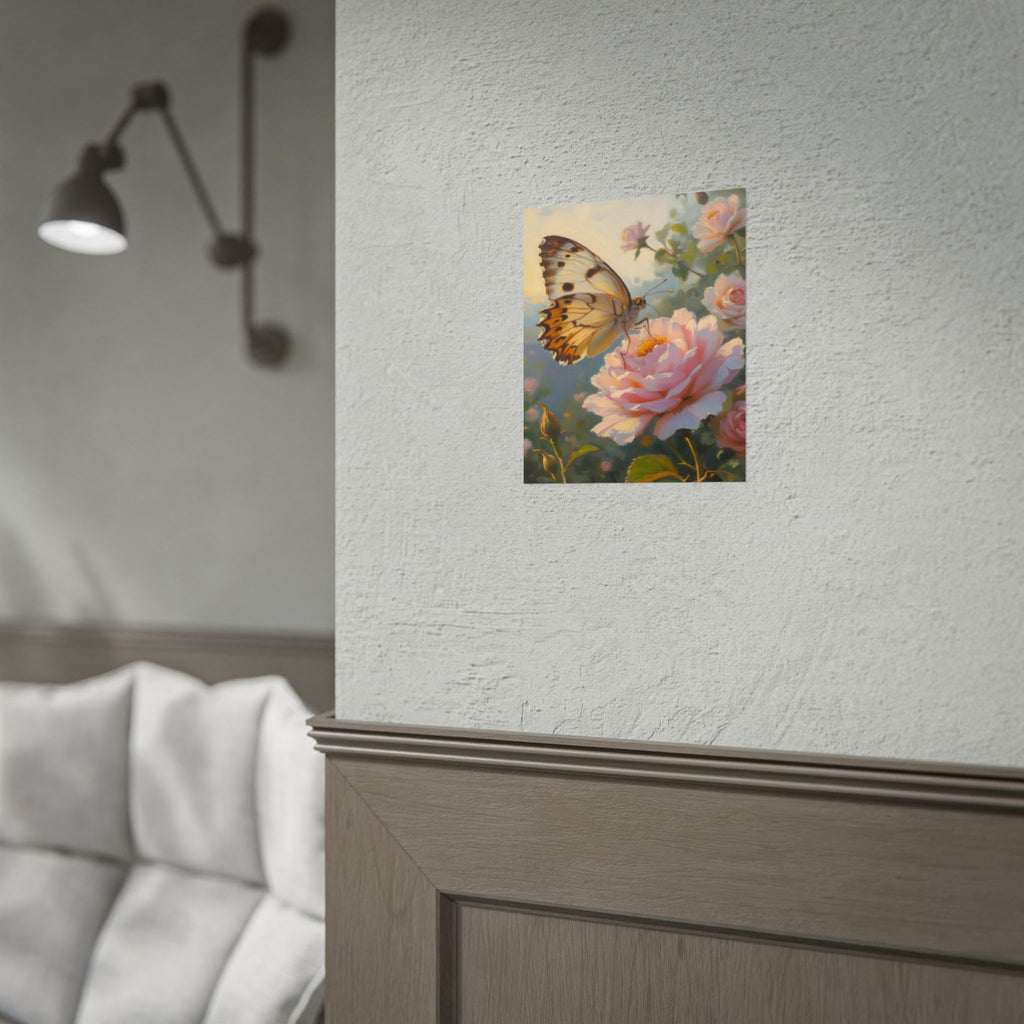 Wandbild mit Schmetterling auf rosa Rose - Poster 
