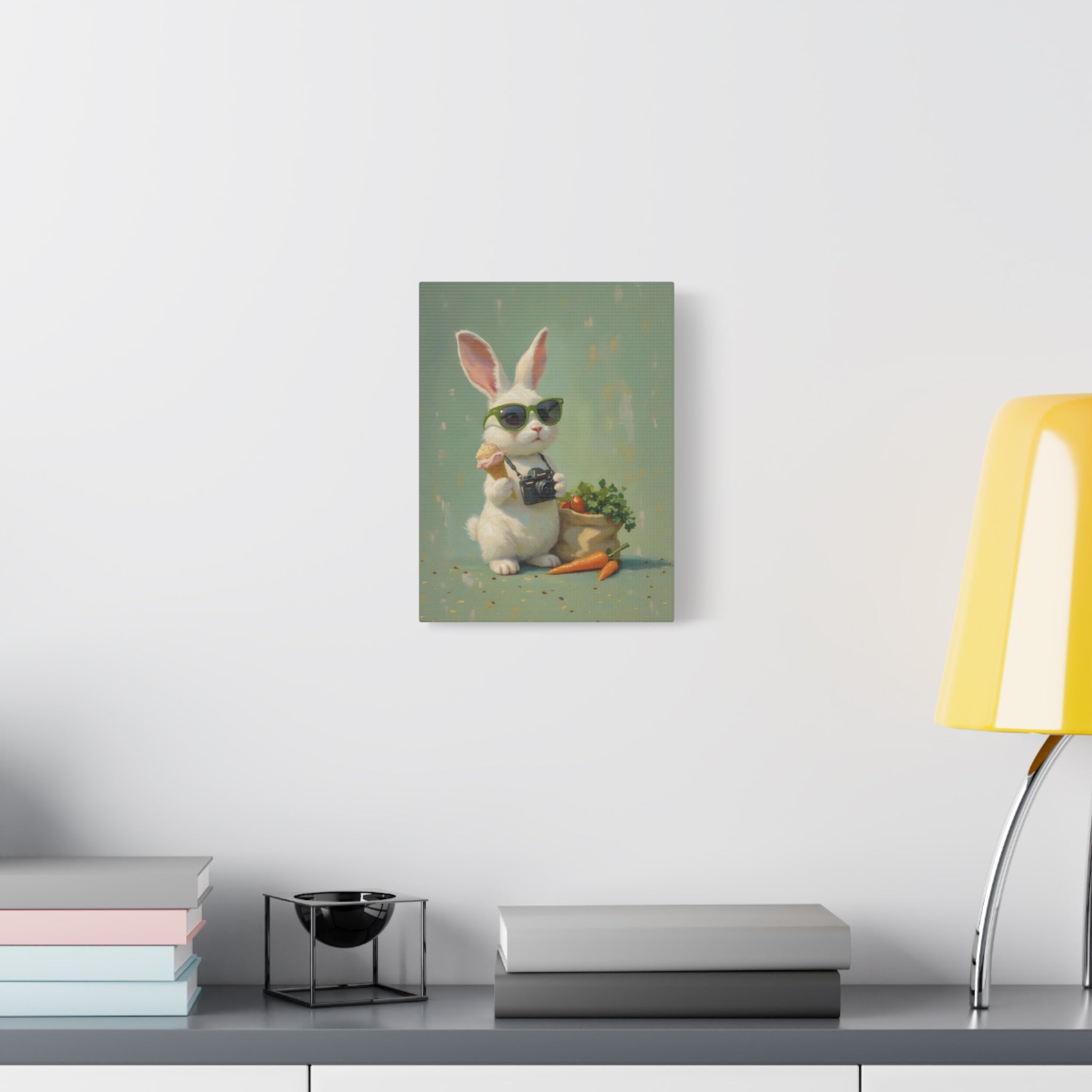 Green Bunny Canvas Wall Art — Photographer Bunny with Carrots & Ice Cream