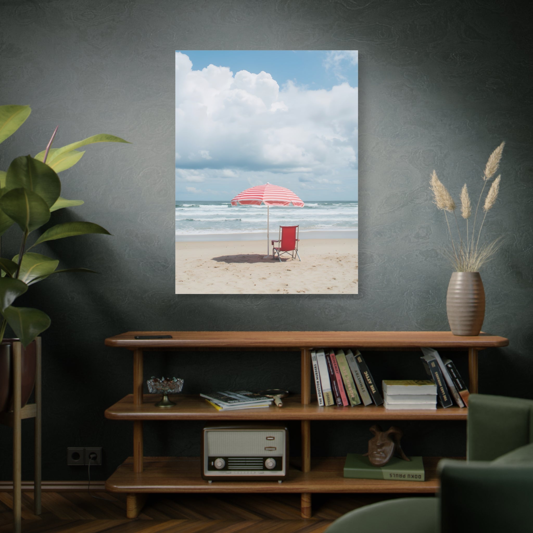 Sun-drenched beach memory with beach chair and umbrella Canvas Wall Art - Stretched Canvas