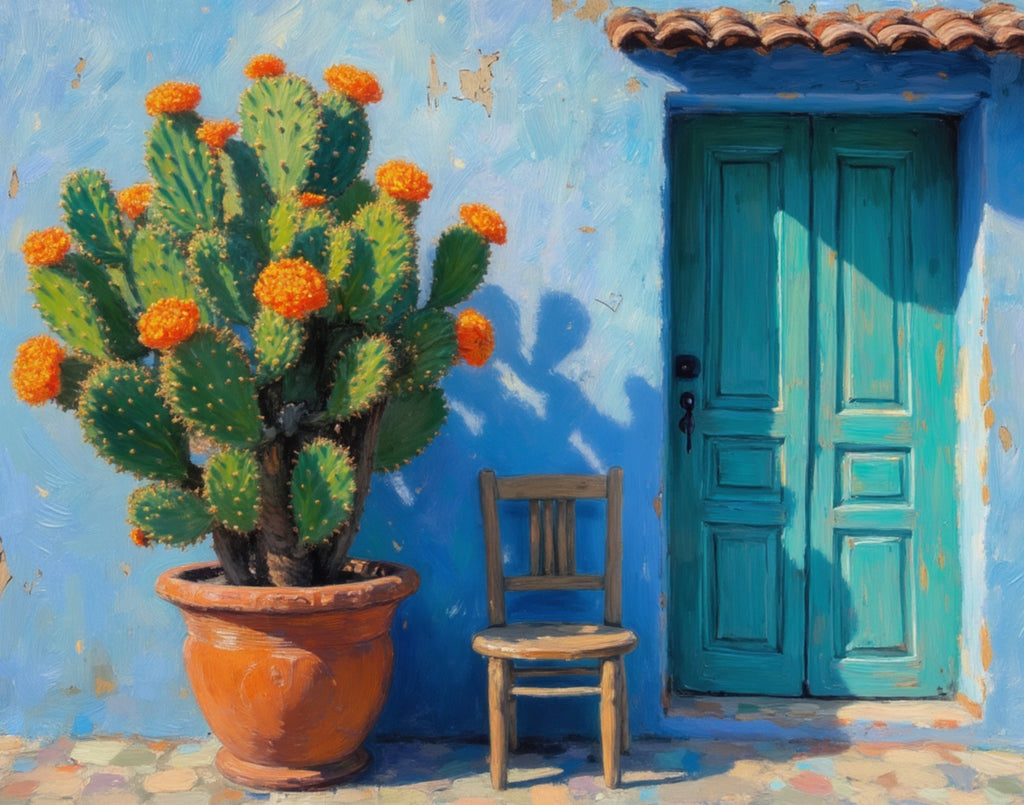 Mediterranean Cactus Printable Wall Art, Blue Door Wall Decor, Desert Plant Painting, Spanish Style Art - Digital Design (no physical product will be send)