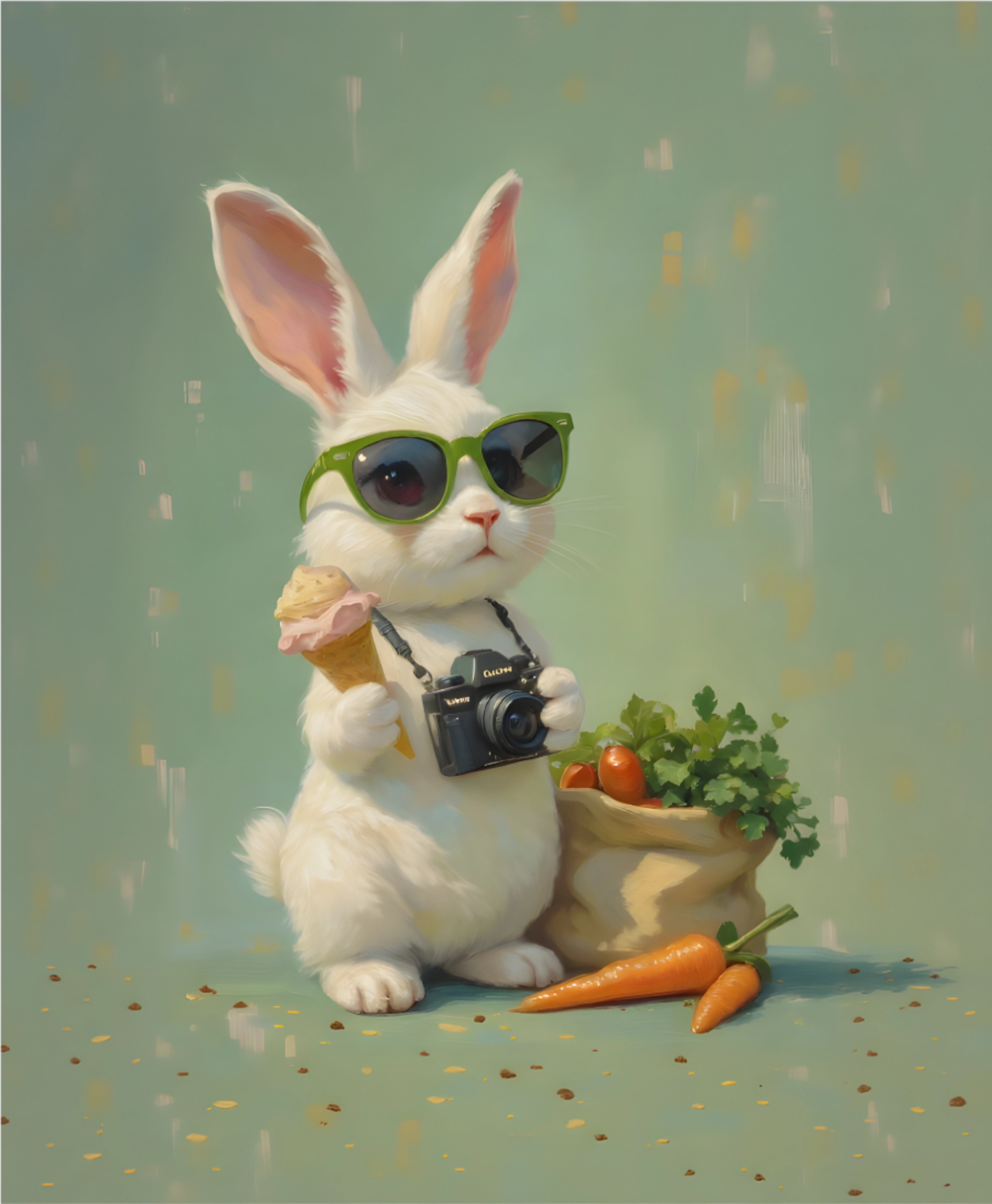 Green Bunny Art — Photographer Bunny with Carrots & Ice Cream- Digital Design (no physical product will be send)