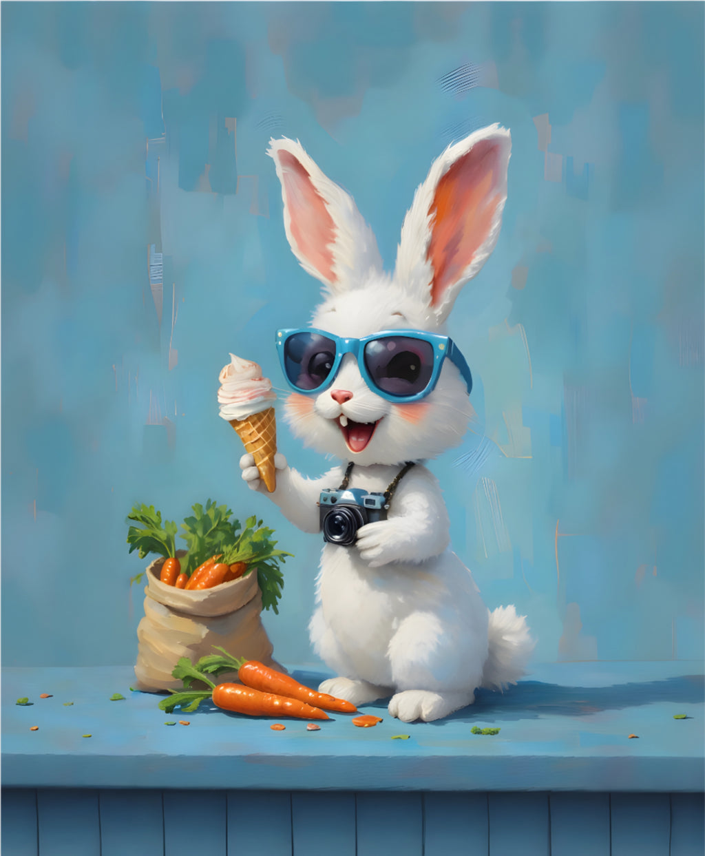 Blue Bunny - Cute Rabbit with Sunglasses & Ice Cream Matte Wall Art - Digital Design (no physical product will be send)