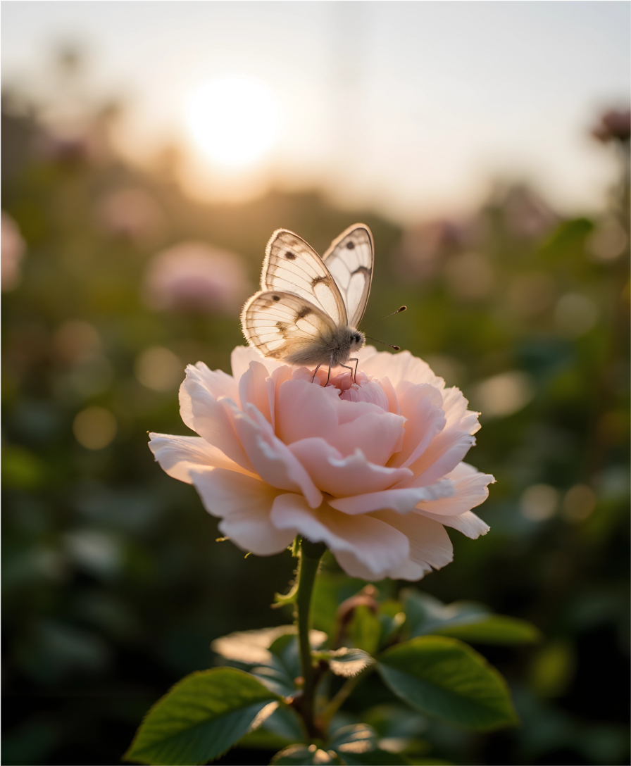 Vlinder op roze roos - Digitaal ontwerp (er wordt geen fysiek product verzonden)