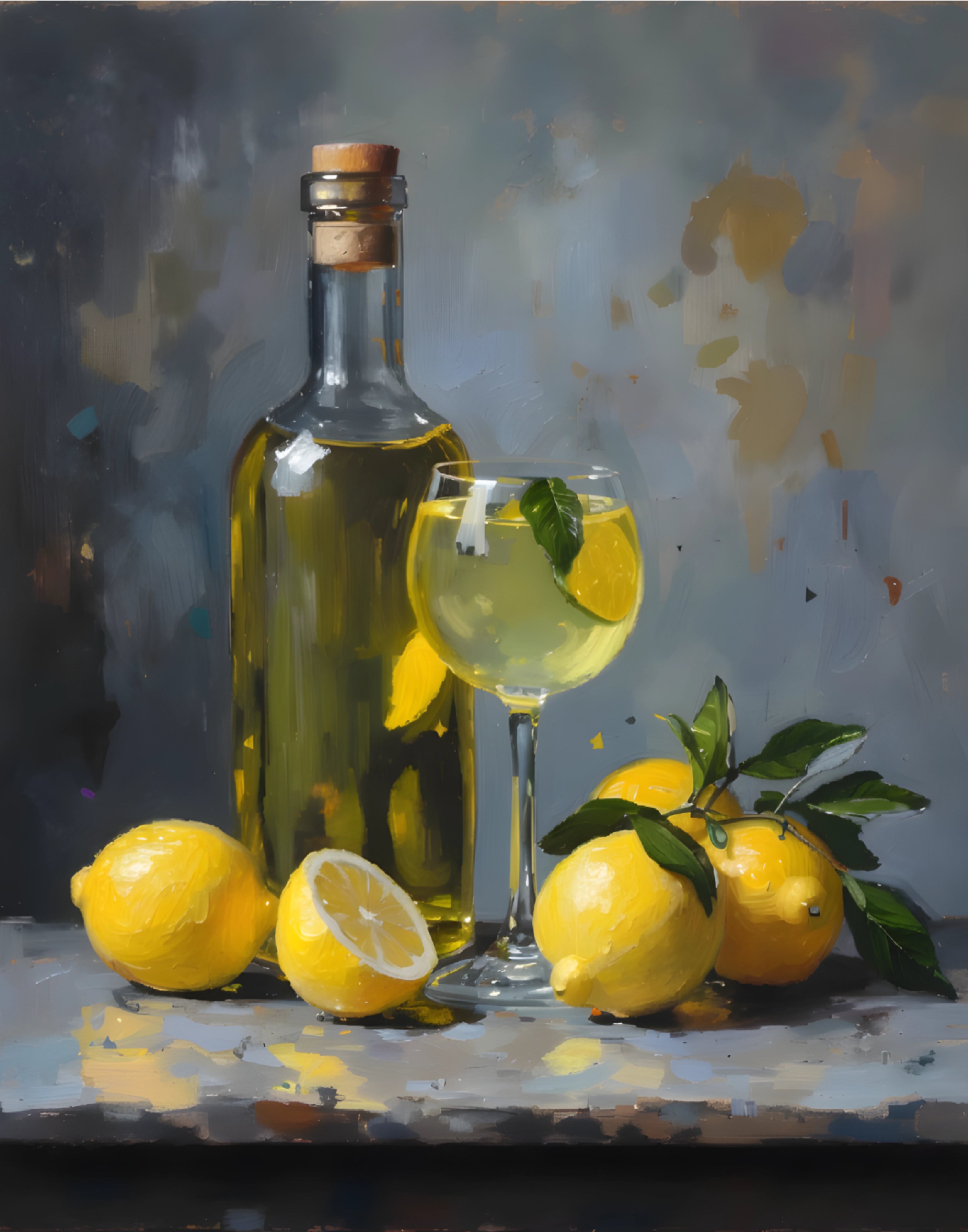 Limoncello Still Life Art Print, Lemon Kitchen Decor, Wine Glass Food Ar - Digital Design (no physical product will be send)
