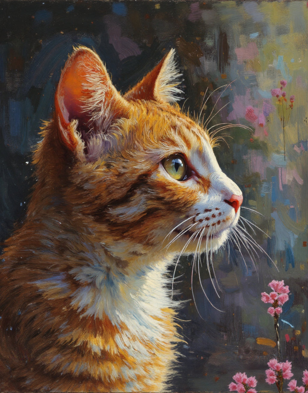Orange Tabby Cat Painting, Expressive Pet Portrait, Floral Art - Digital Design (no physical product will be send)